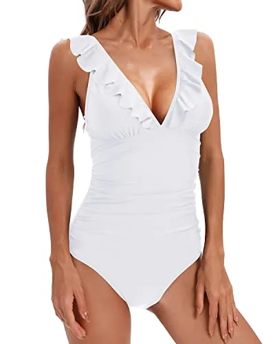 Tummy Control One Piece Swimsuit Ruffled V Neck Bathing Suit for Women