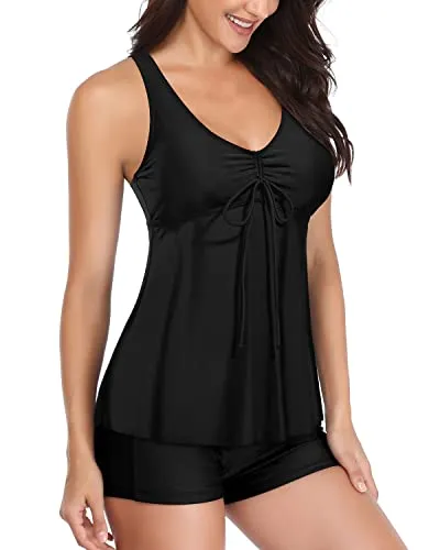 Tummy Control Tankini Bathing Suits For Women 2 Piece-Black