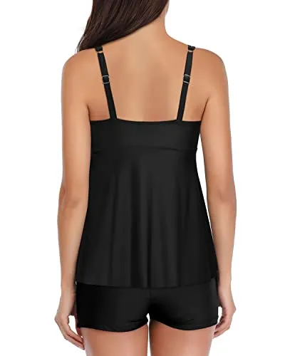 Tummy Control Tankini Bathing Suits For Women 2 Piece-Black