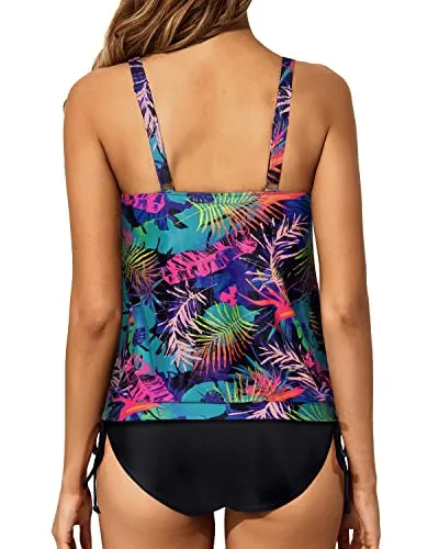 Two Piece Removable Padded Push Up Cups Supportive Tankini-Colorful Leaves