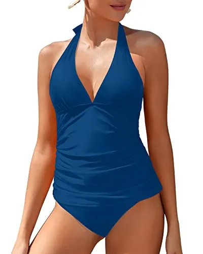 Two Piece Tankini Bathing Suit For Women With Tummy Control-Blue