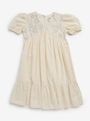 Utsa Kids Off-White Embellished Empire Line Cotton Dress - (8 -14yrs)