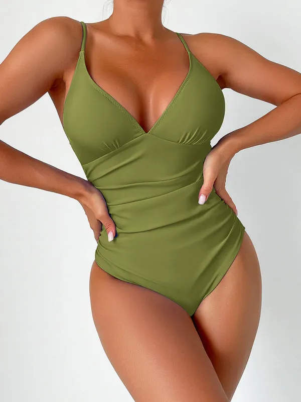 V-Neck Solid One-Piece Swimwear with Tummy Control