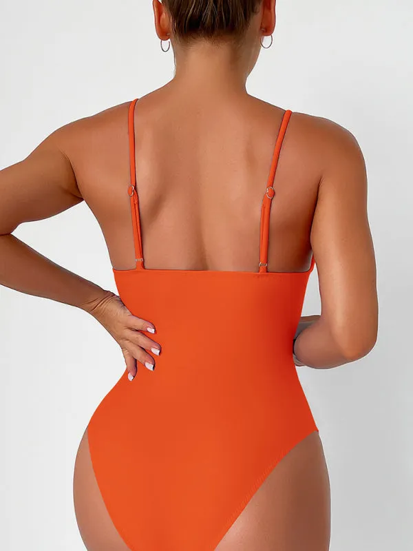 V-Neck Solid One-Piece Swimwear with Tummy Control
