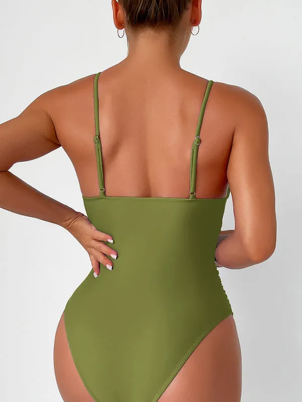 V-Neck Solid One-Piece Swimwear with Tummy Control