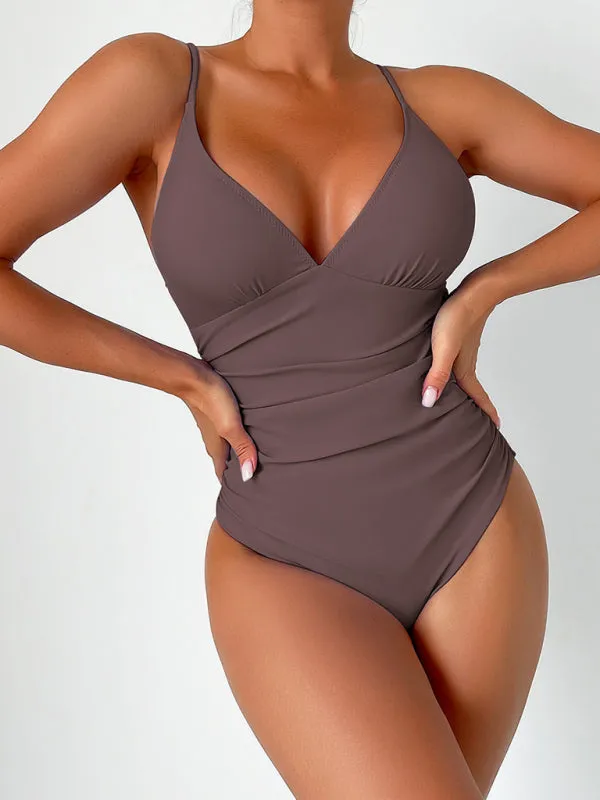 V-Neck Solid One-Piece Swimwear with Tummy Control