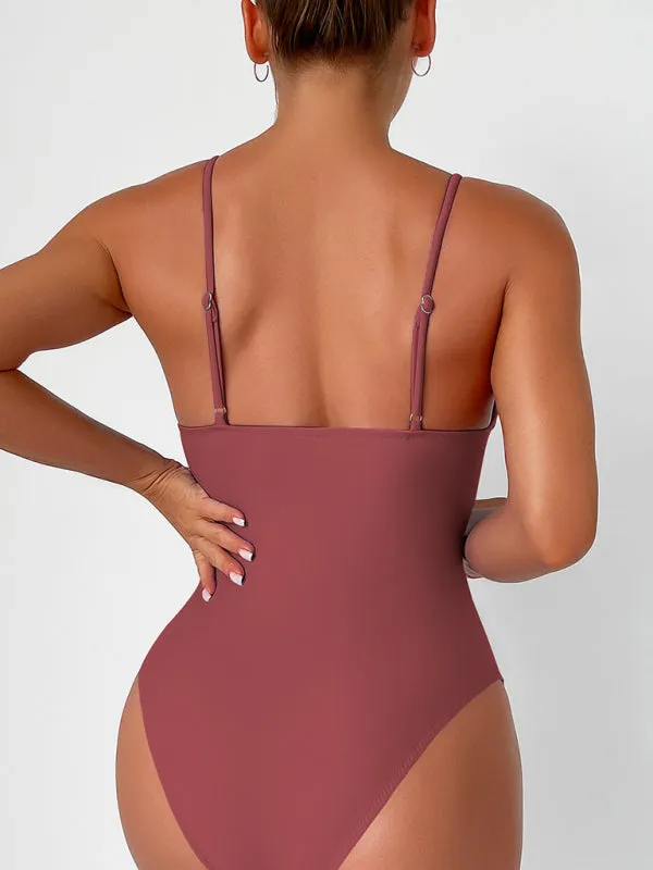 V-Neck Solid One-Piece Swimwear with Tummy Control
