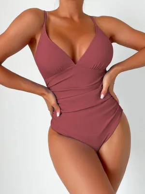 V-Neck Solid One-Piece Swimwear with Tummy Control
