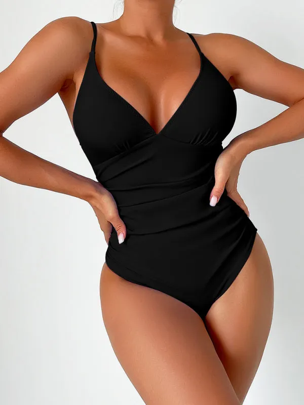 V-Neck Solid One-Piece Swimwear with Tummy Control