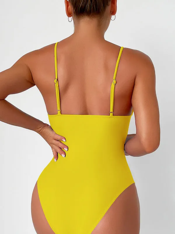 V-Neck Solid One-Piece Swimwear with Tummy Control