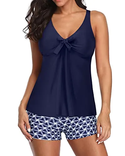 Vintage High Waisted Two Piece V Neck Tankini Swimsuits For Women-Navy Blue Tribal