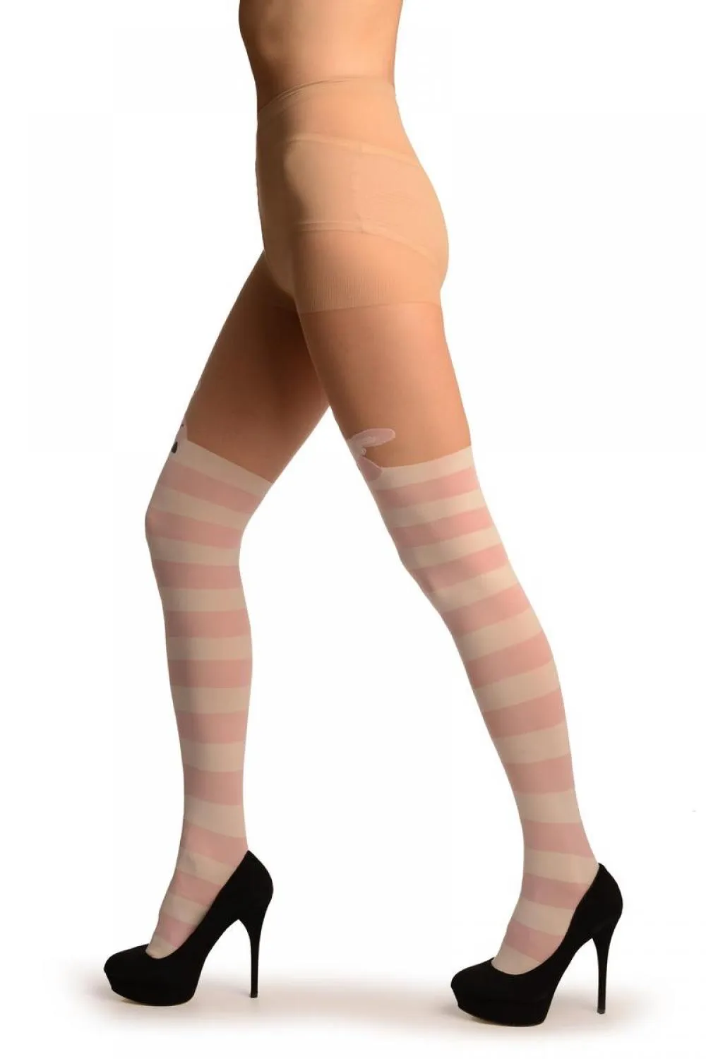 White & Pink Stripes And Smiling Bunnies Faux Stocking
