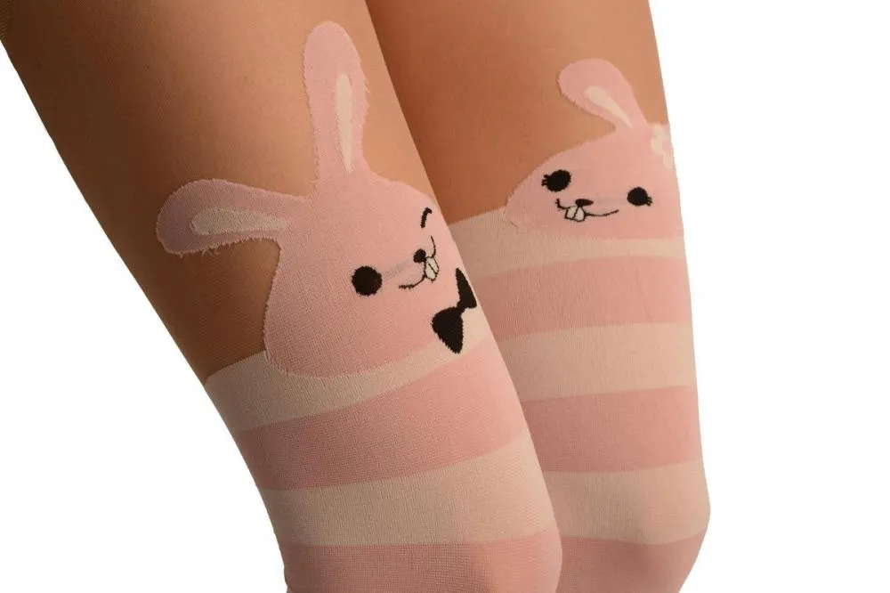White & Pink Stripes And Smiling Bunnies Faux Stocking