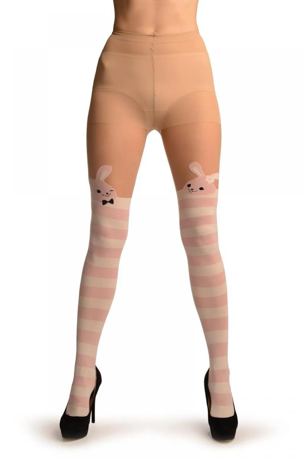 White & Pink Stripes And Smiling Bunnies Faux Stocking
