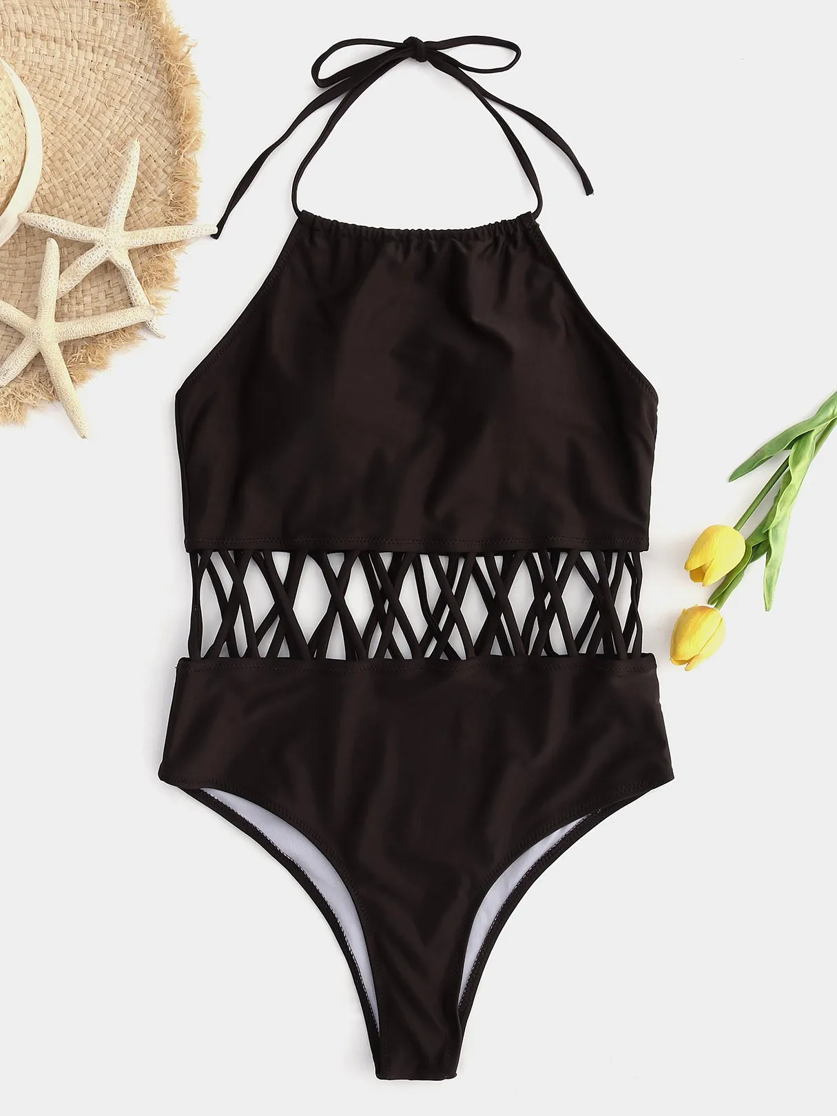 Wholesale Halter Sleeveless Hollow Tie-Up Bikinis