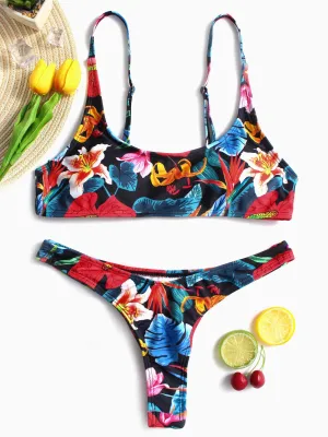 Wholesale Scoop Neck Sleeveless Floral Print Backless Spaghetti Strap Bikinis