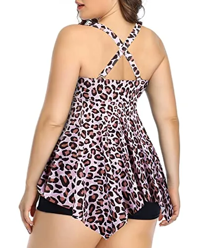 Women's Plus Size Adjustable Shoulder Straps Tankini Swimsuits-Black And Leopard