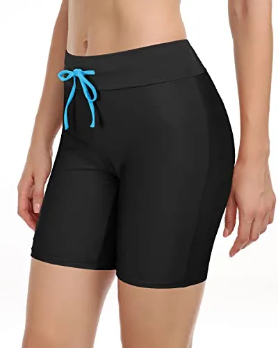 Women's Tummy Control Boy Shorts Swimsuit Long Board Shorts-Black