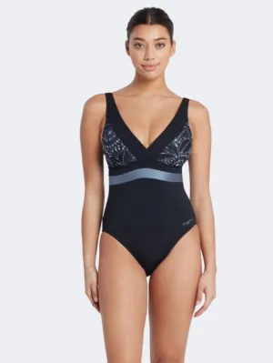 Zoggs Square Back Panel Women Swim Monokini Black/Steel/Grey